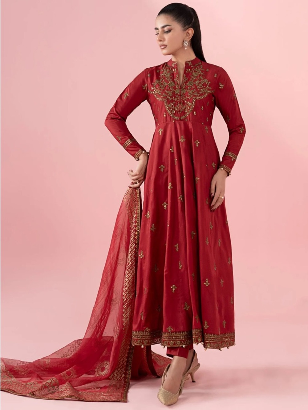 Embroidered Red Long Sleeve Anarkali Dress
